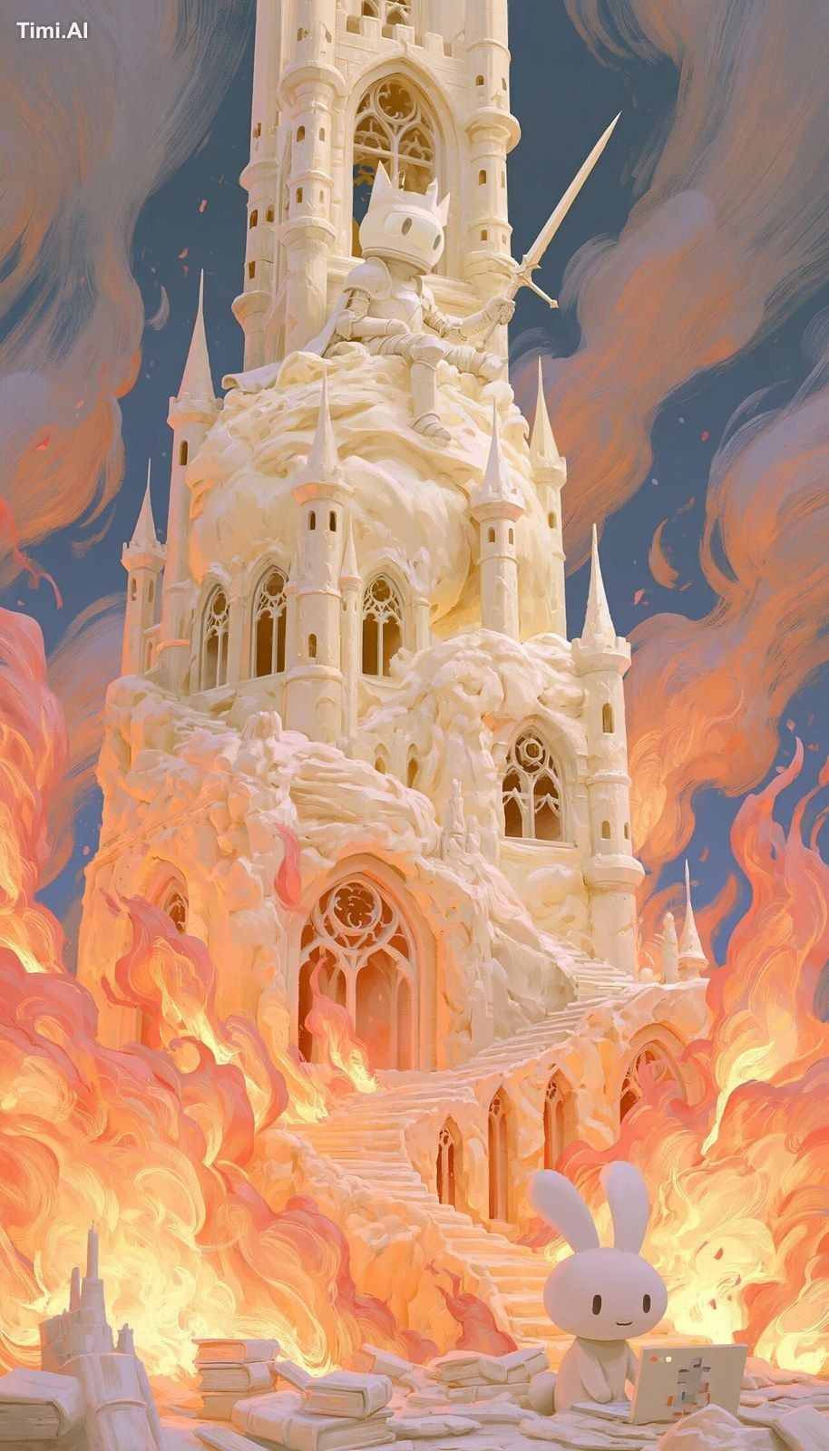 A white knight sitting on top of an ivory butter sculpture tower. Below…