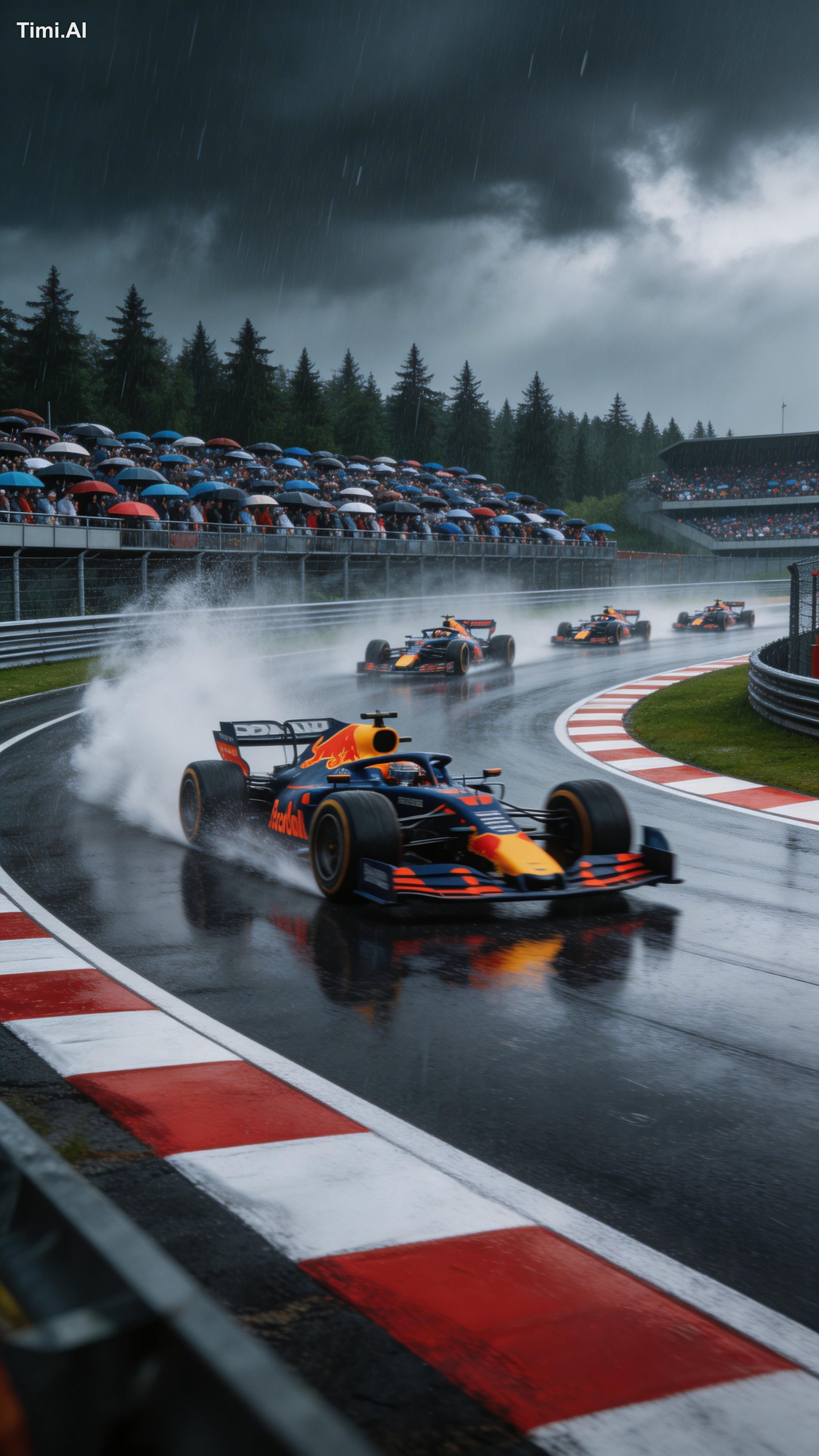 A high-angle, long-exposure shot of a Formula 1 night race, featuring a… 1