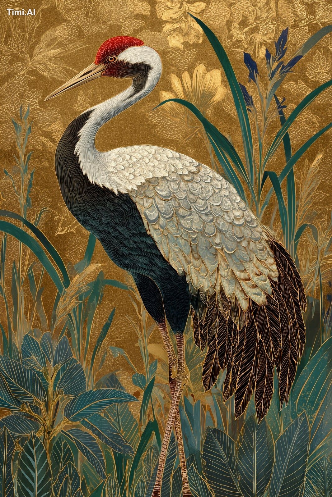 Golden Cranes Art | Elegant Crane Painting | Luxury Gold and Green | --…
