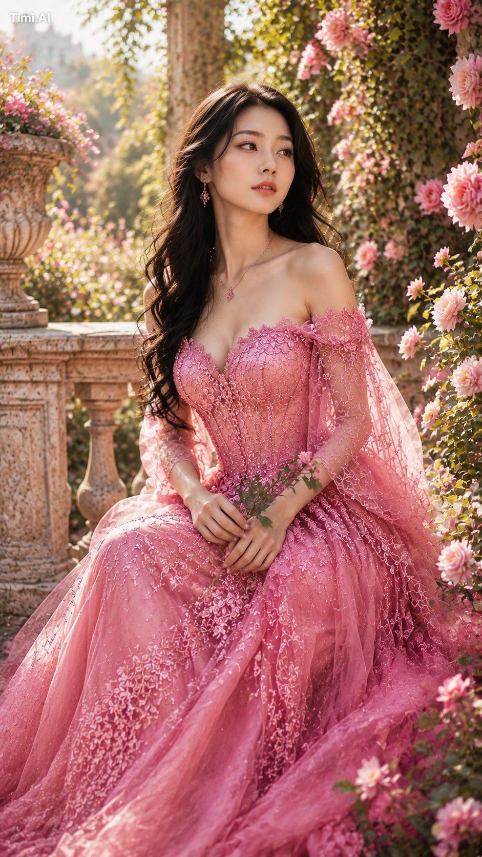 Create a 9:16 ultra-realistic romantic palace garden portrait of an adu…