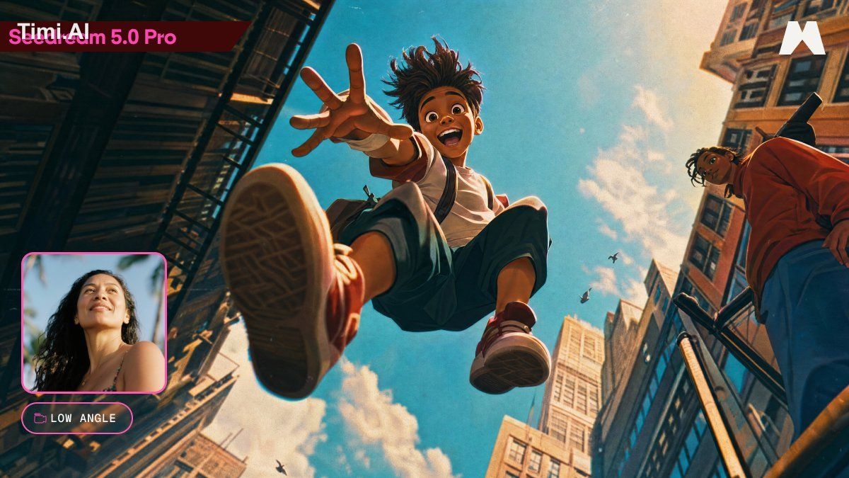 Stylized 3D animation with anime influence, an ecstatic young boy mid-l…