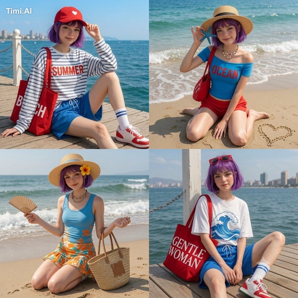 A 4-panel grid (2x2 layout) featuring a cute anime girl with a vibrant …