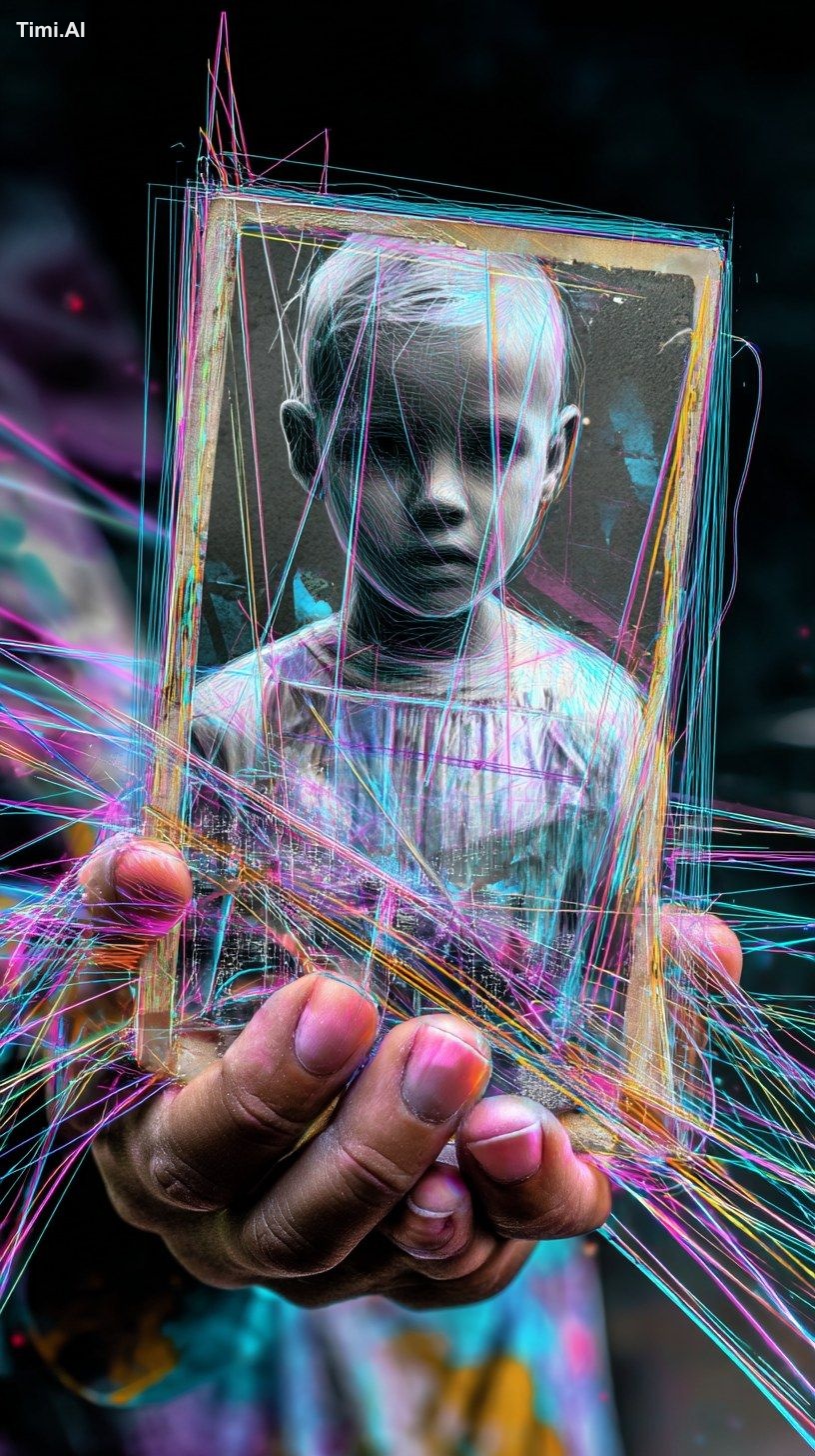 young hands holding an old photo, glowing threads flowing from photo in…