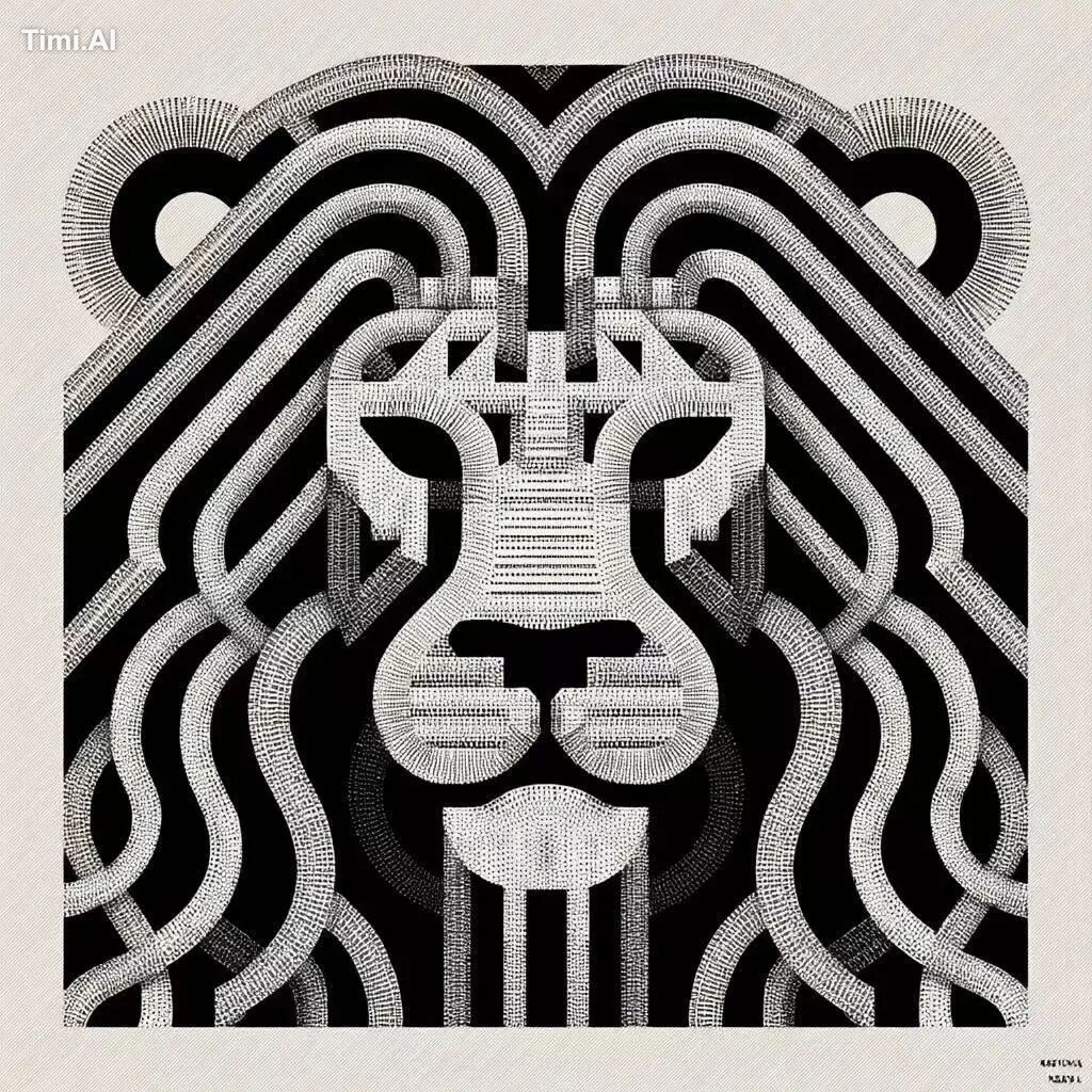 simplified graphic line art of a lion’s face, stylized as if braided fr…