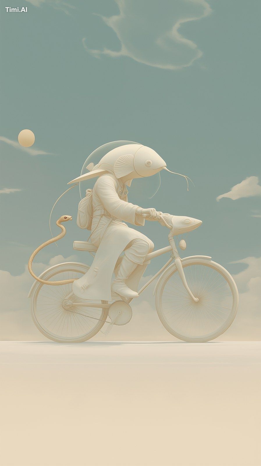 A humanoid fish riding a bicycle, dressed in white futuristic attire. A…