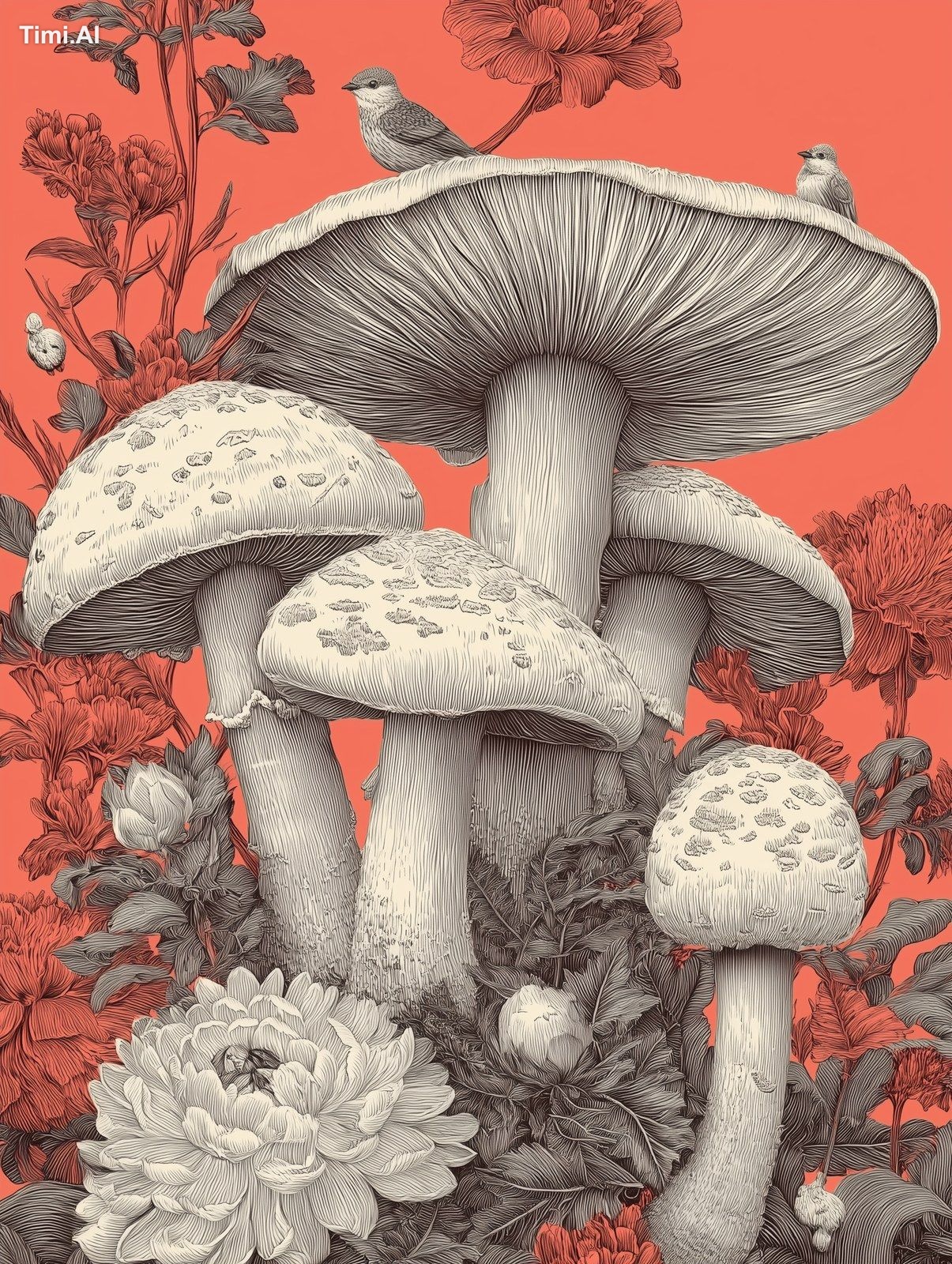 elegant The engraving botanical composition of mushrooms , leaves and f…