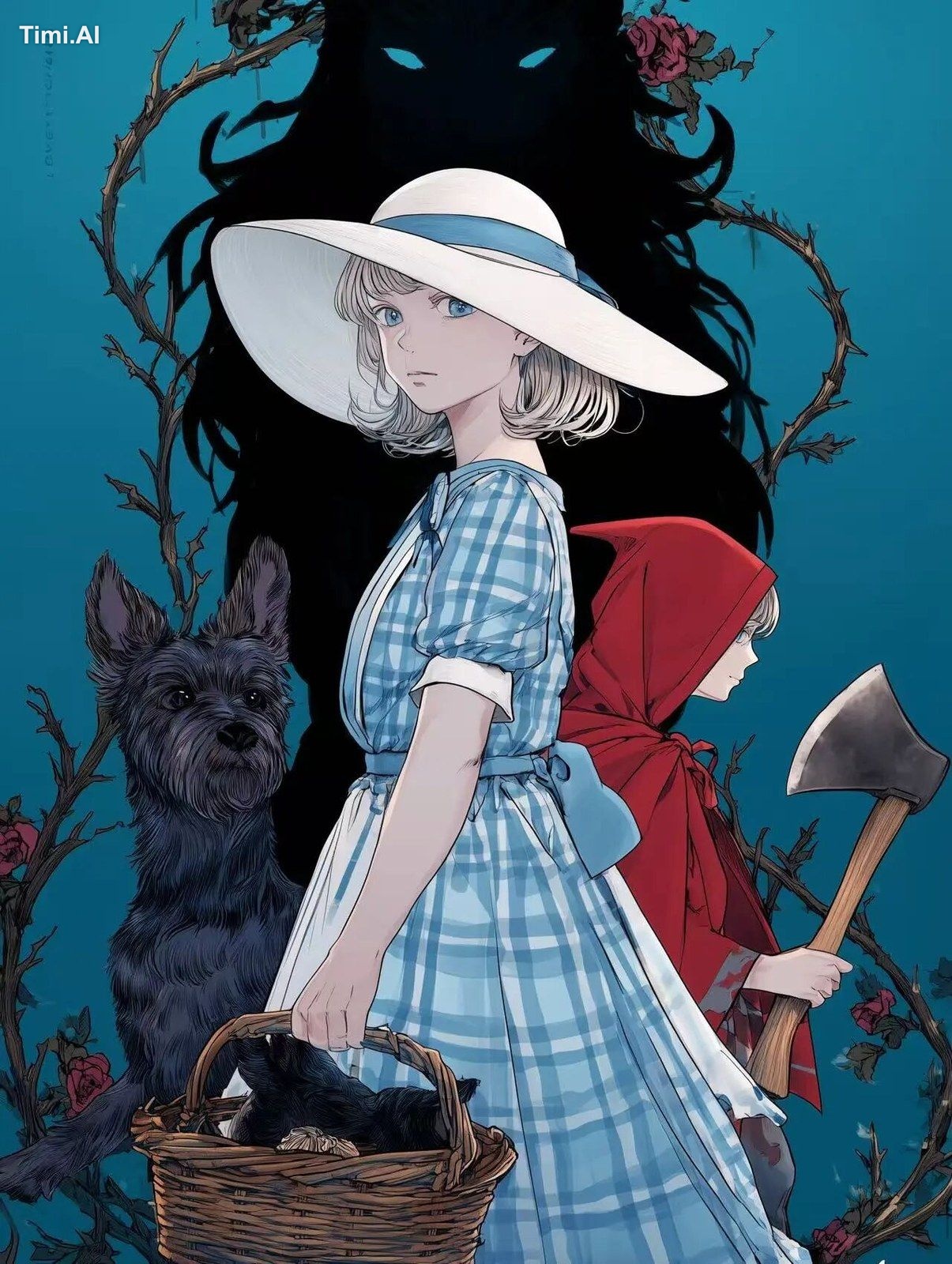 Manga tankobon style book cover. A teenage girl in a blue gingham dress…