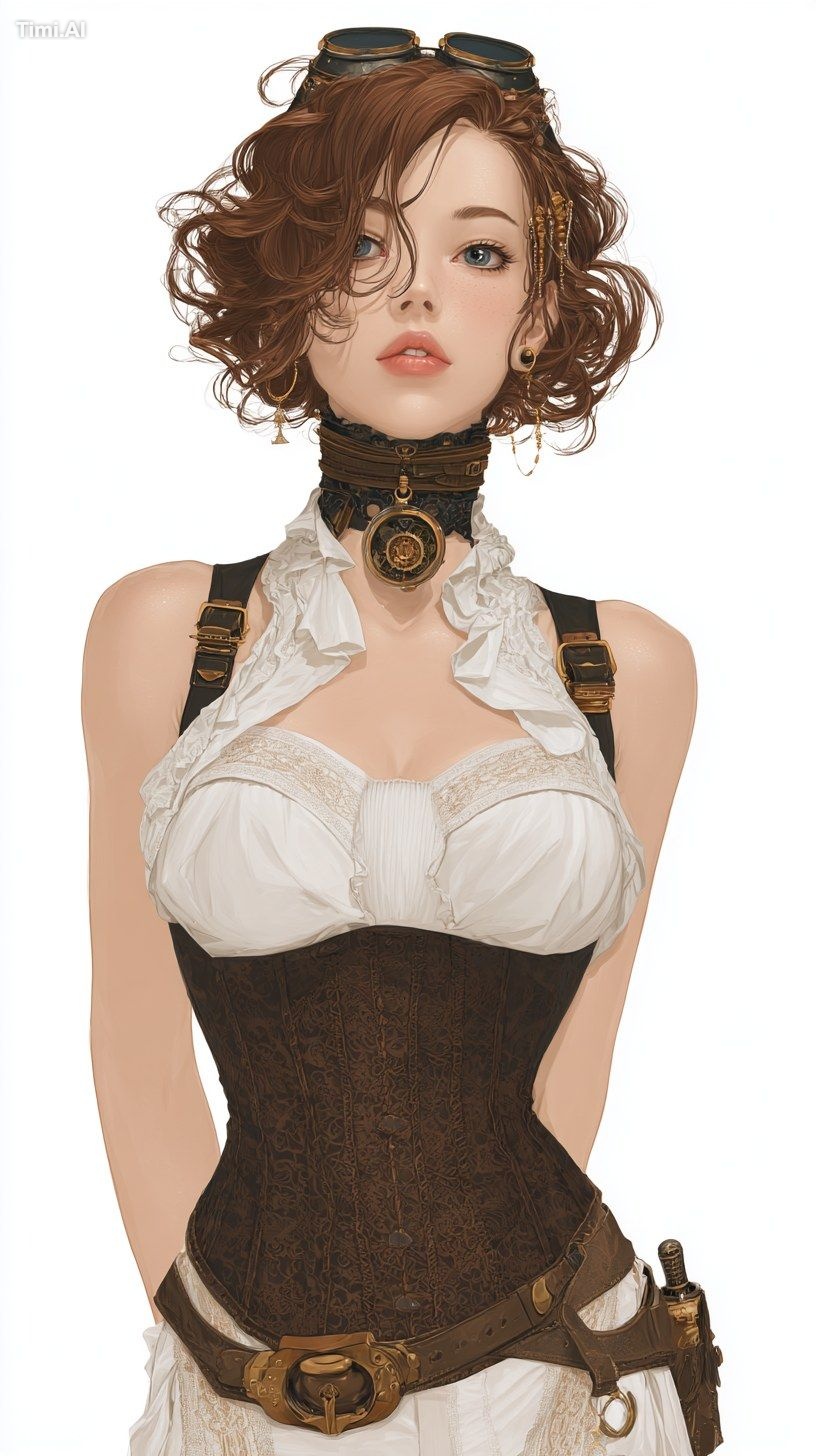torso and head of a visual novel dystopia steampunk young woman charact…