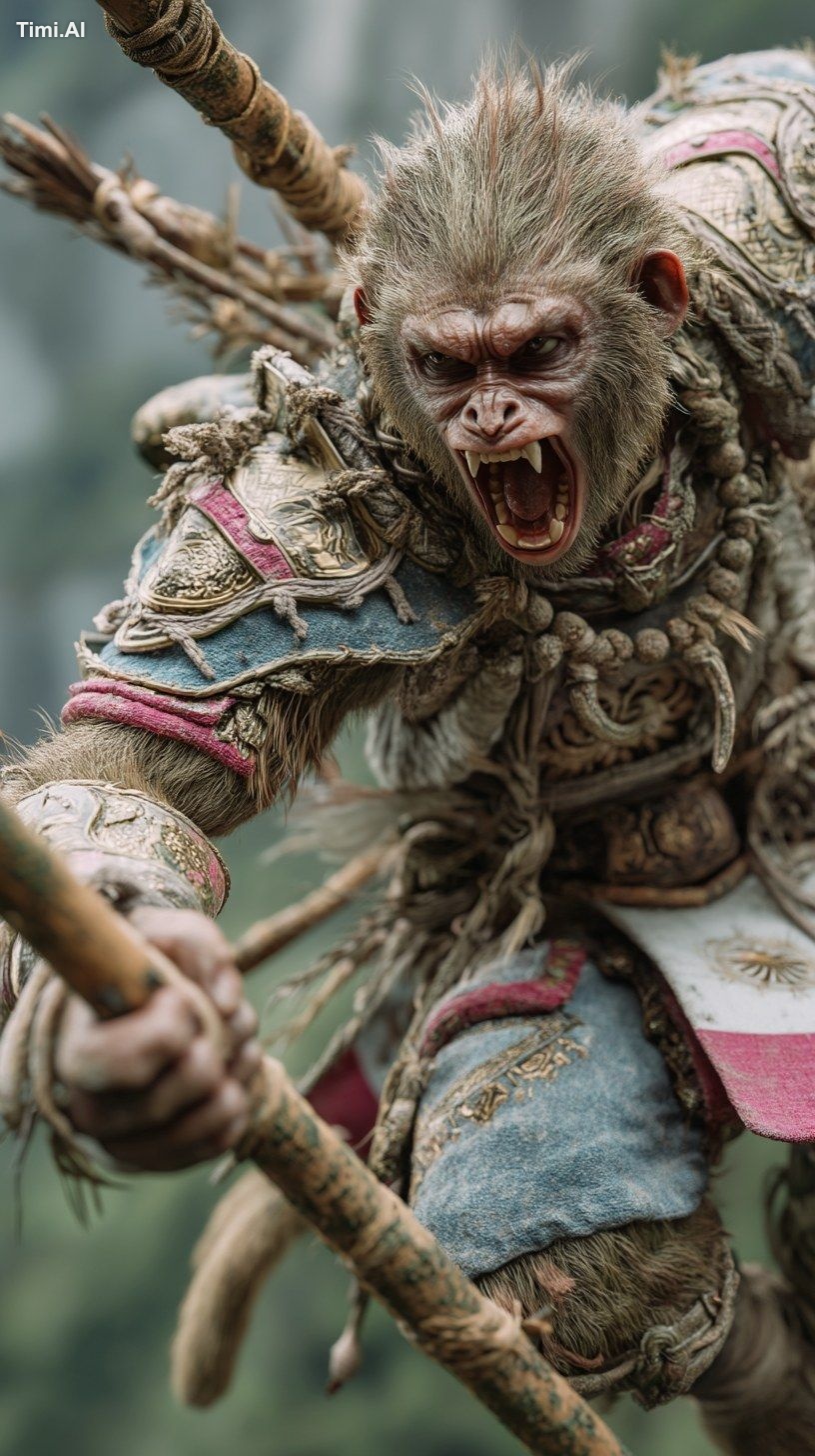 Create a lifelike brown-howler-monkey humanoid warrior, massive forearm…