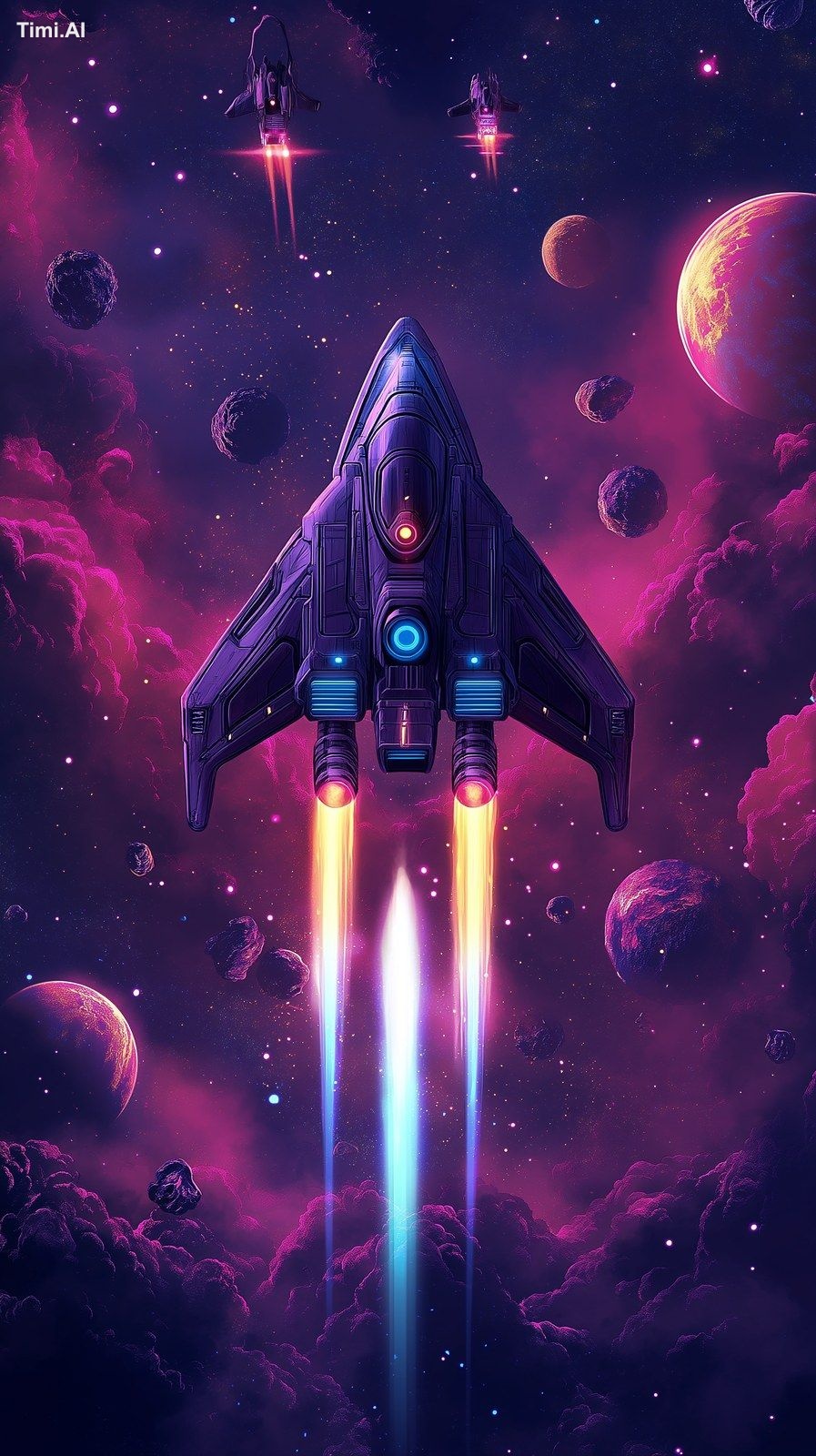 A high-quality soft 3D game screen for a futuristic vertical space shoo…