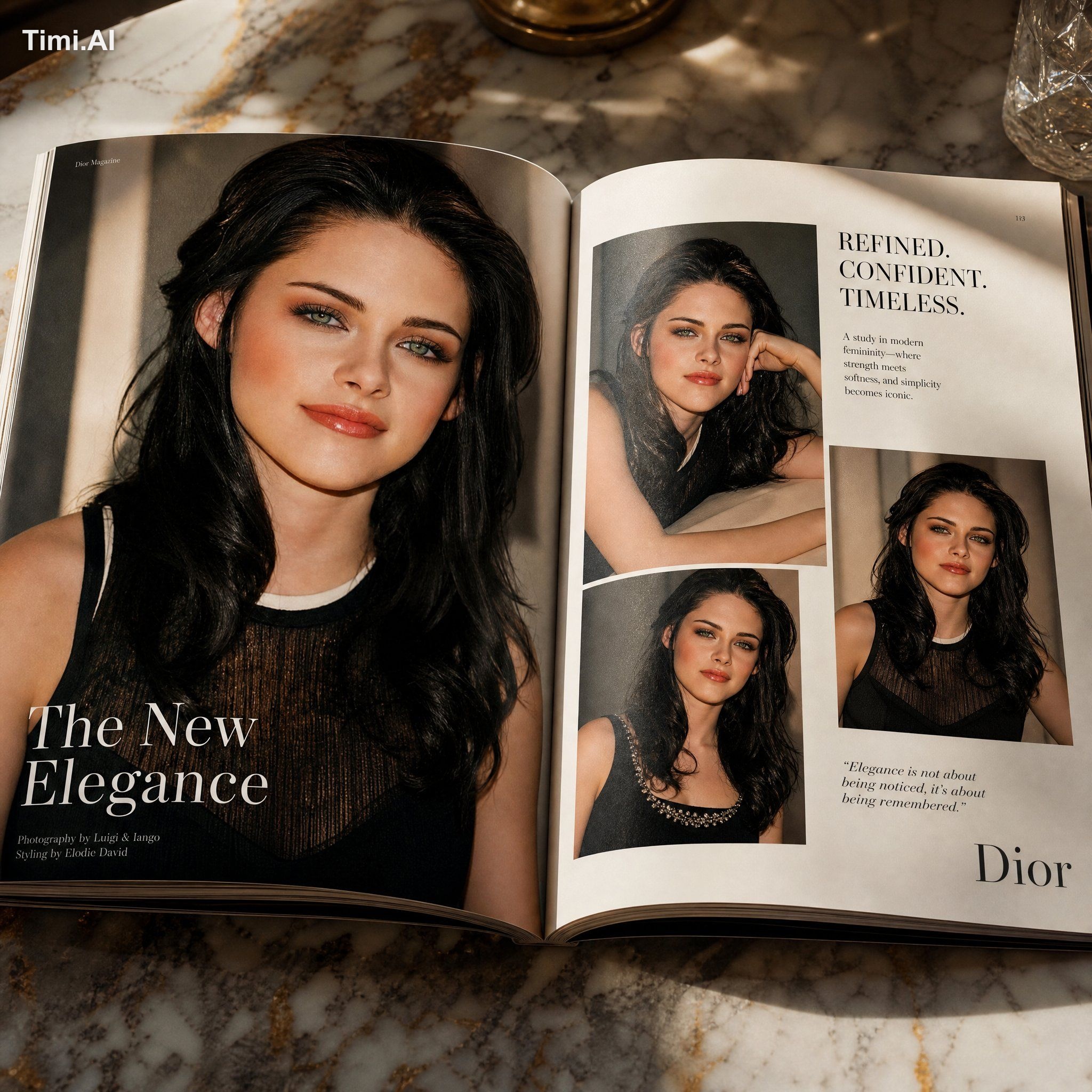 An open luxury fashion magazine resting on a premium marble table, feat…
