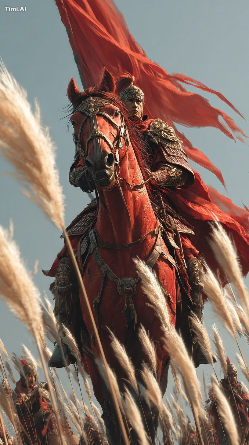 A flamboyant Chinese general rides a bright red warhorse into battle, c…