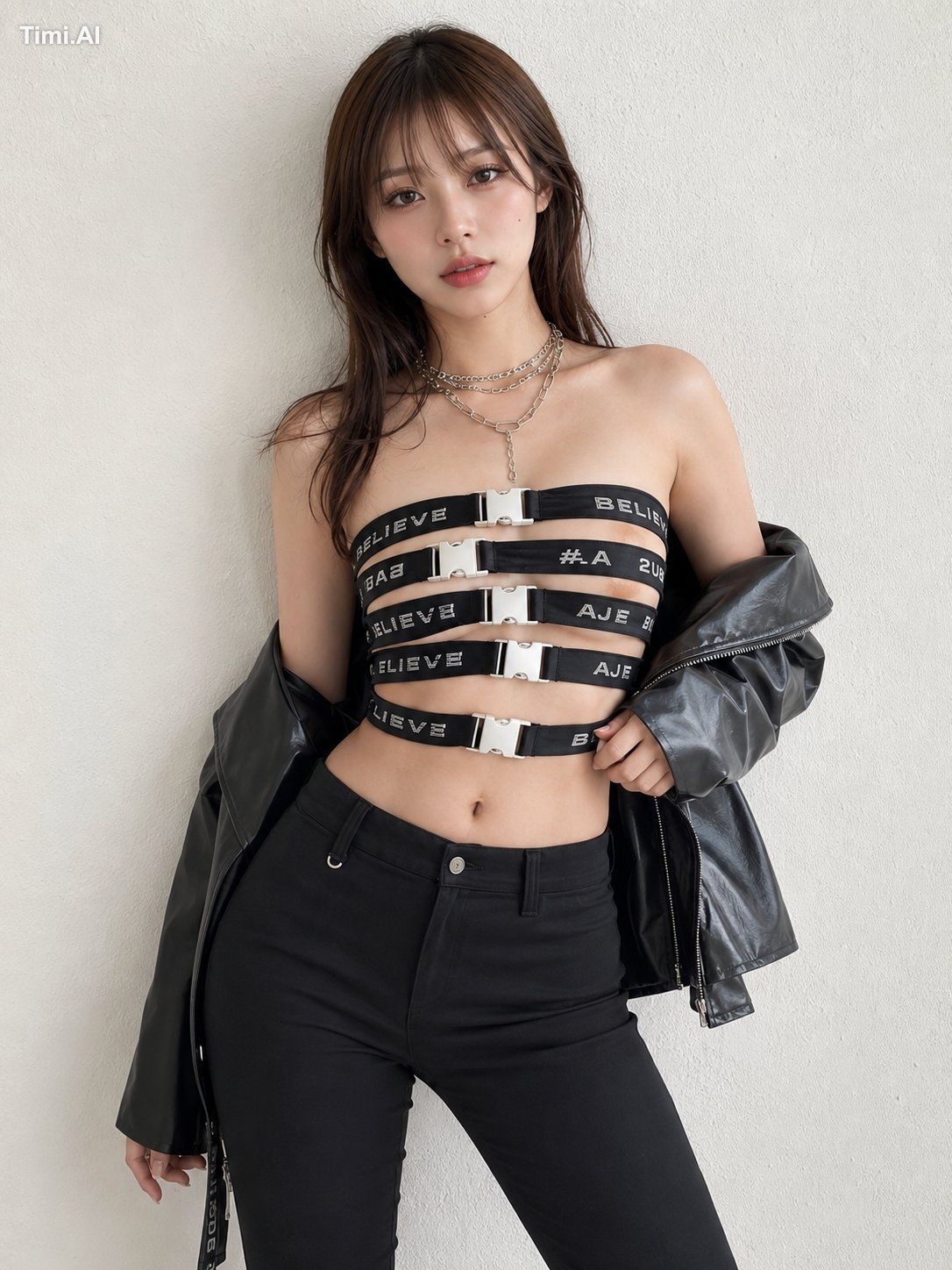 这是一幅写实风格的自然时尚肖像，描绘了一位虚构的20岁日本成年女性，形象清晰，并非基于任何真实人物。她拥有甜美可爱的“清纯系辣妹”气质：一张类…