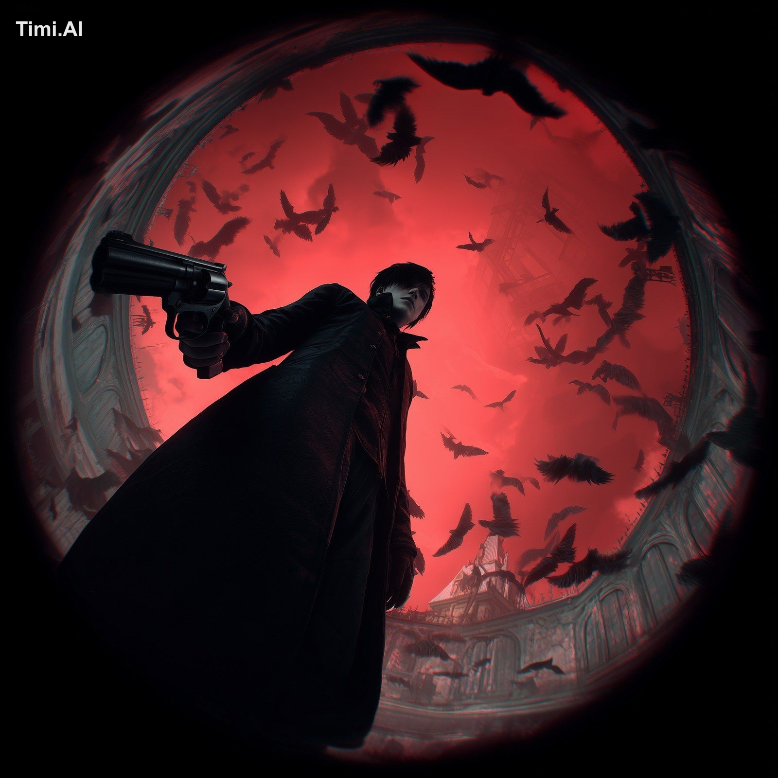 Fisheye low-angle view of a young man with a handgun looking to the sid…