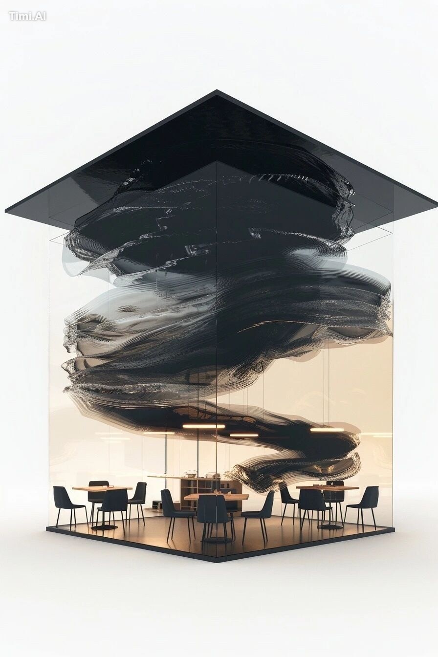 A whole cafeteria distorted and wrapped at it is absorbed into a black …