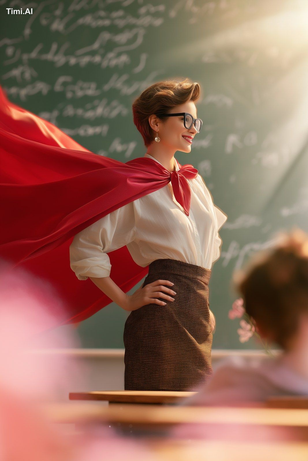 A photograph of an attractive teacher in her late thirties standing at …