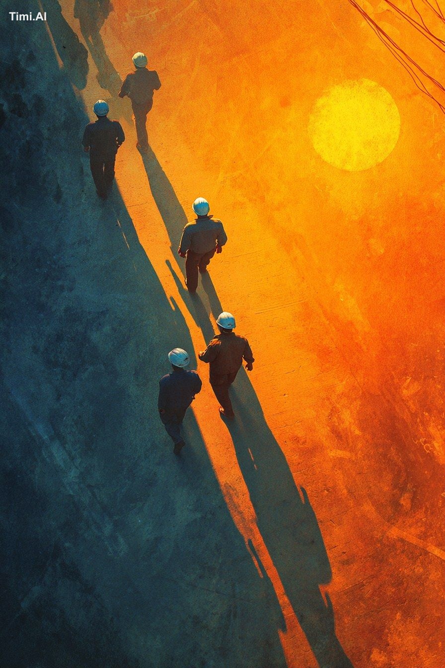 Movie poster, with the shadow of a Chinese power workers wearing dark b…