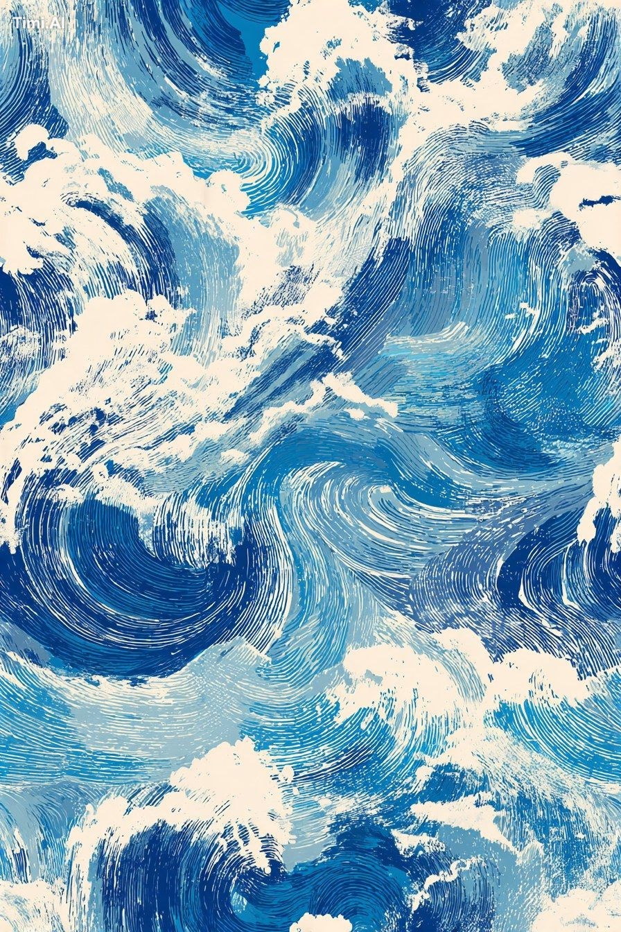 Craft an abstract pattern inspired by ocean waves, using blue and white…