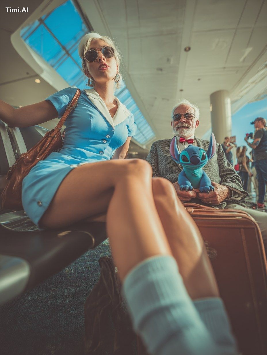 pov selfie of an old man at baggage claim with a fashionable flight att…
