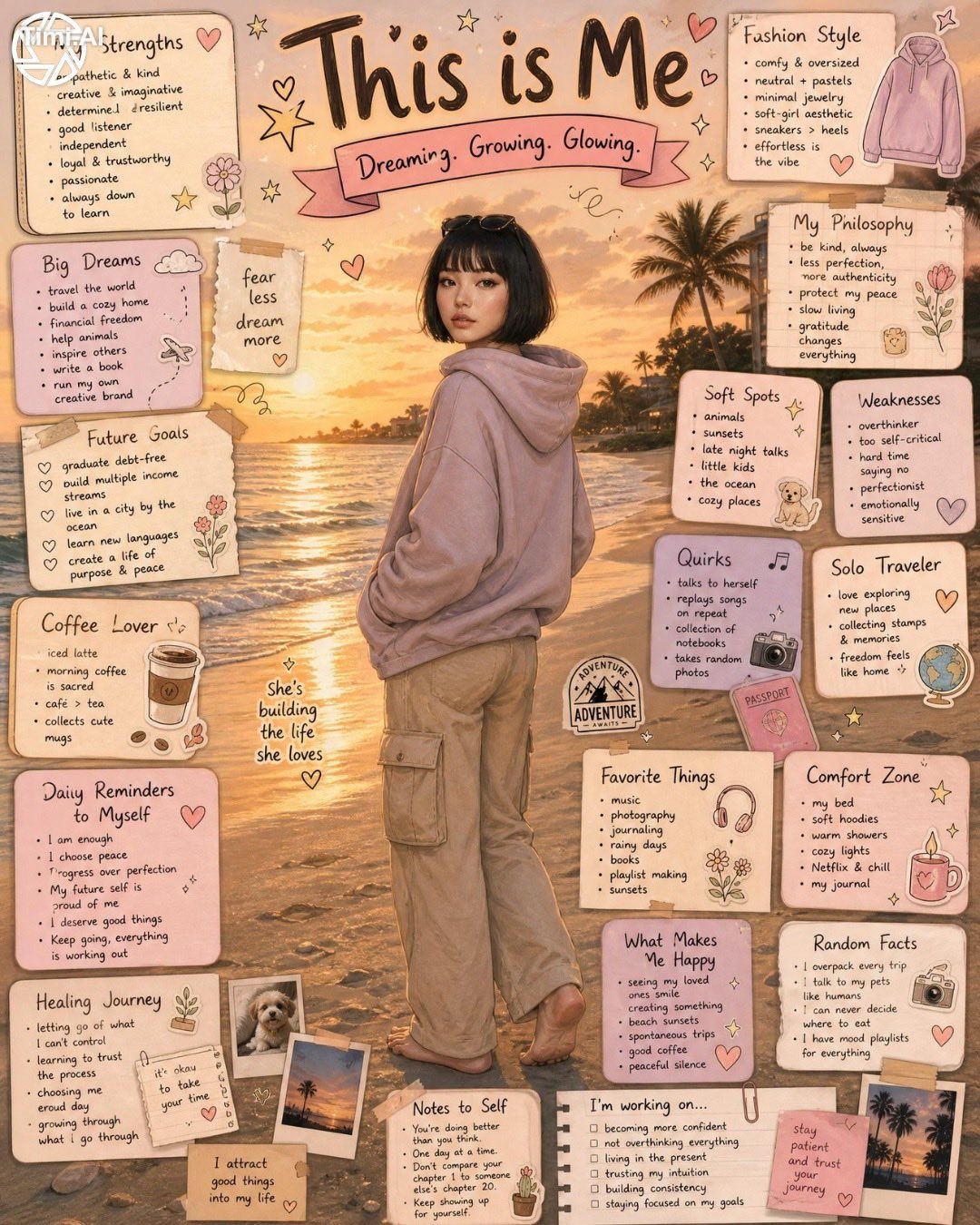 Create a dreamy “This is Me” aesthetic collage poster featuring a girl …