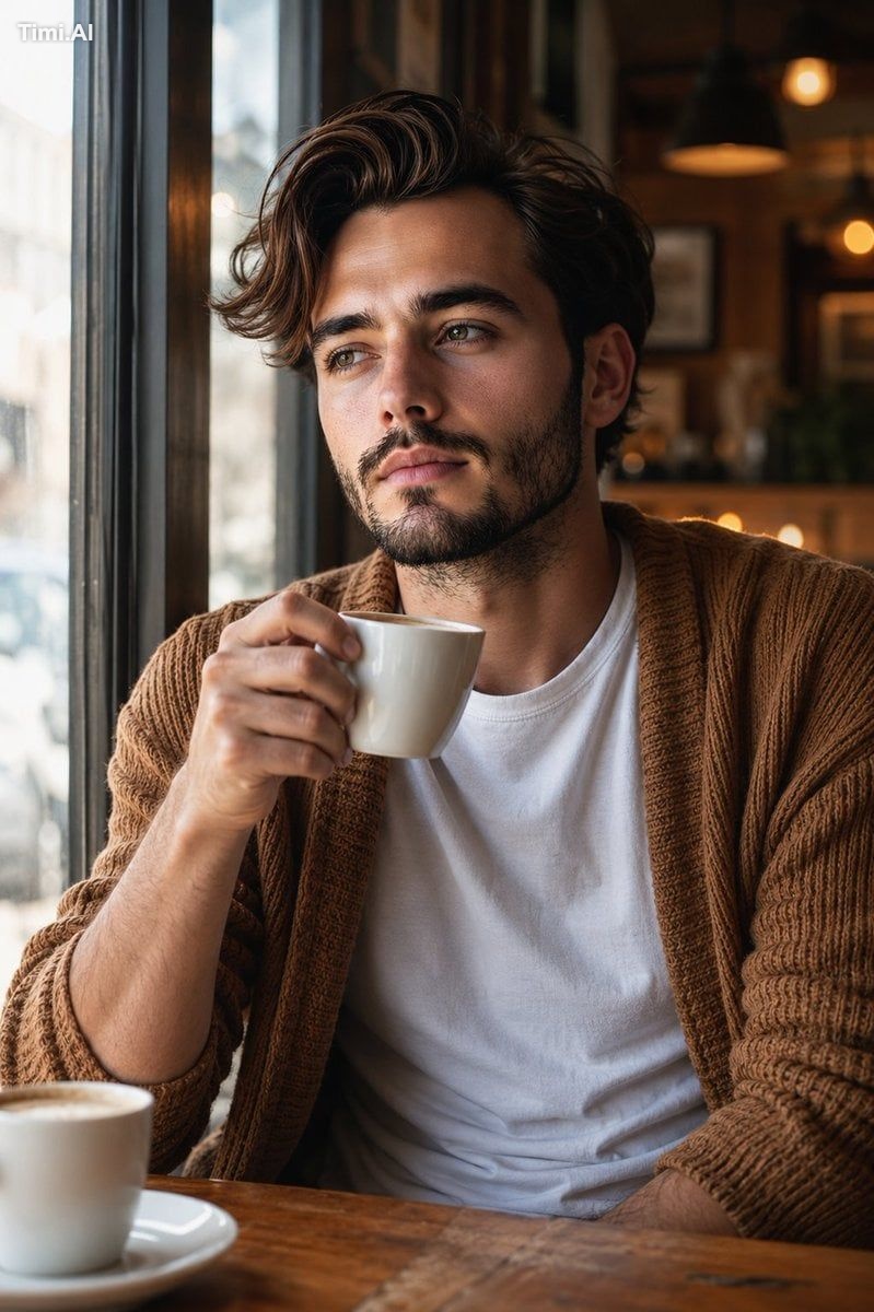 A warm cinematic lifestyle portrait of a young male figure seated at a …