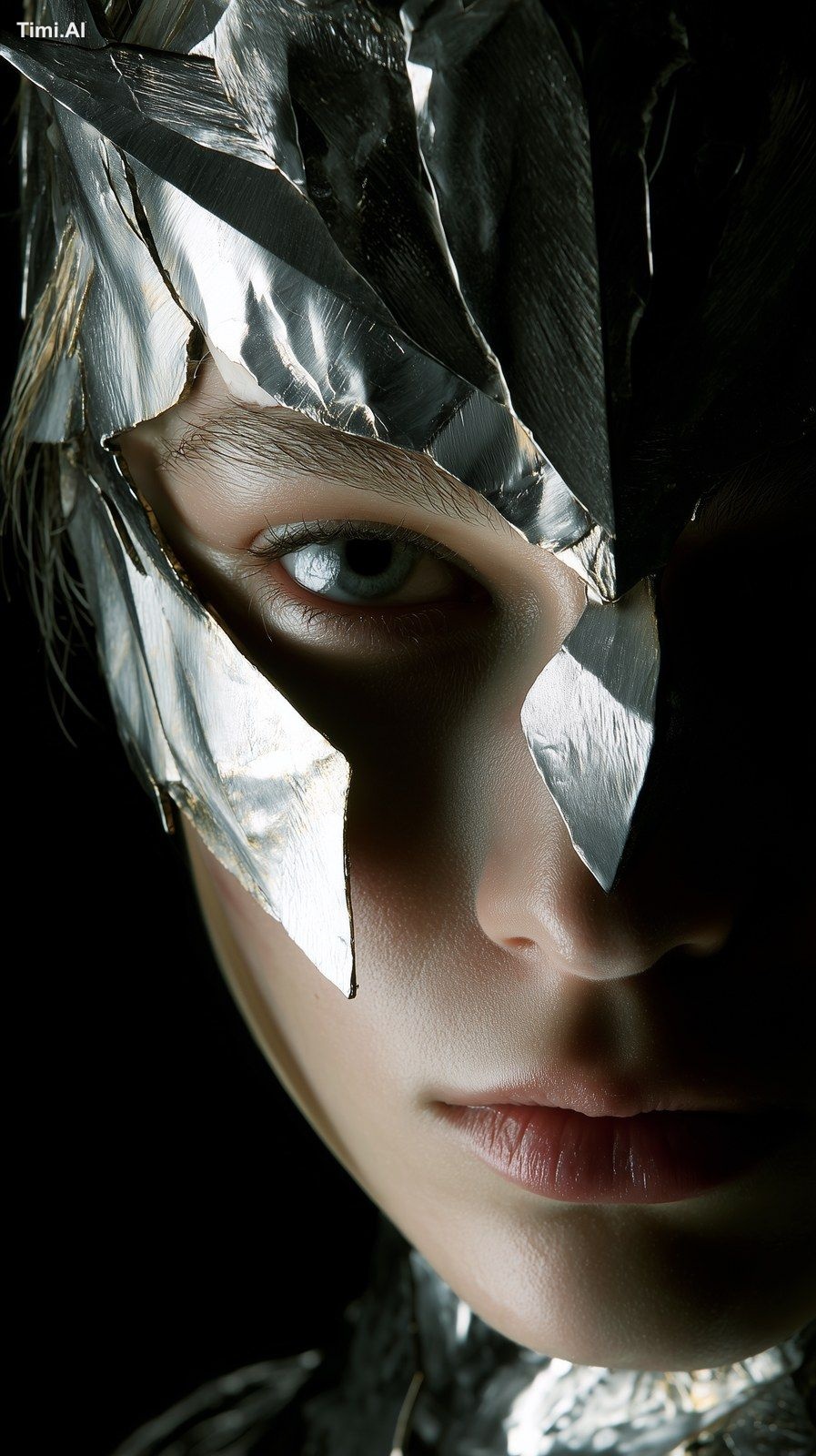 Fashion art photo of female fashion model in chrome, silver armor. A st…