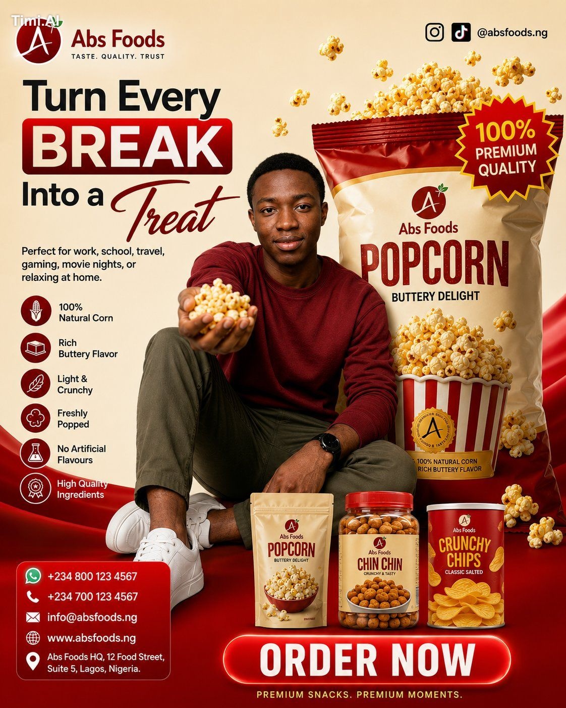 Ultra-Realistic Premium Snack Advertisement Prompt (Male Version | Iden…