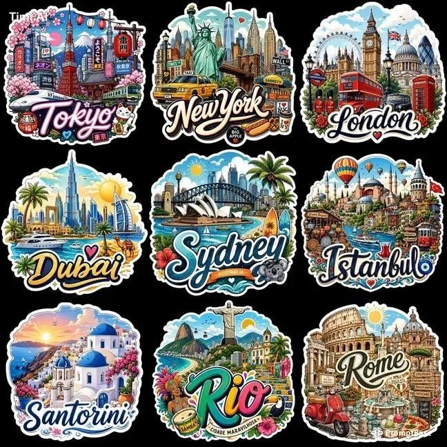 Create a premium 3×3 travel sticker sheet on a solid black background, …