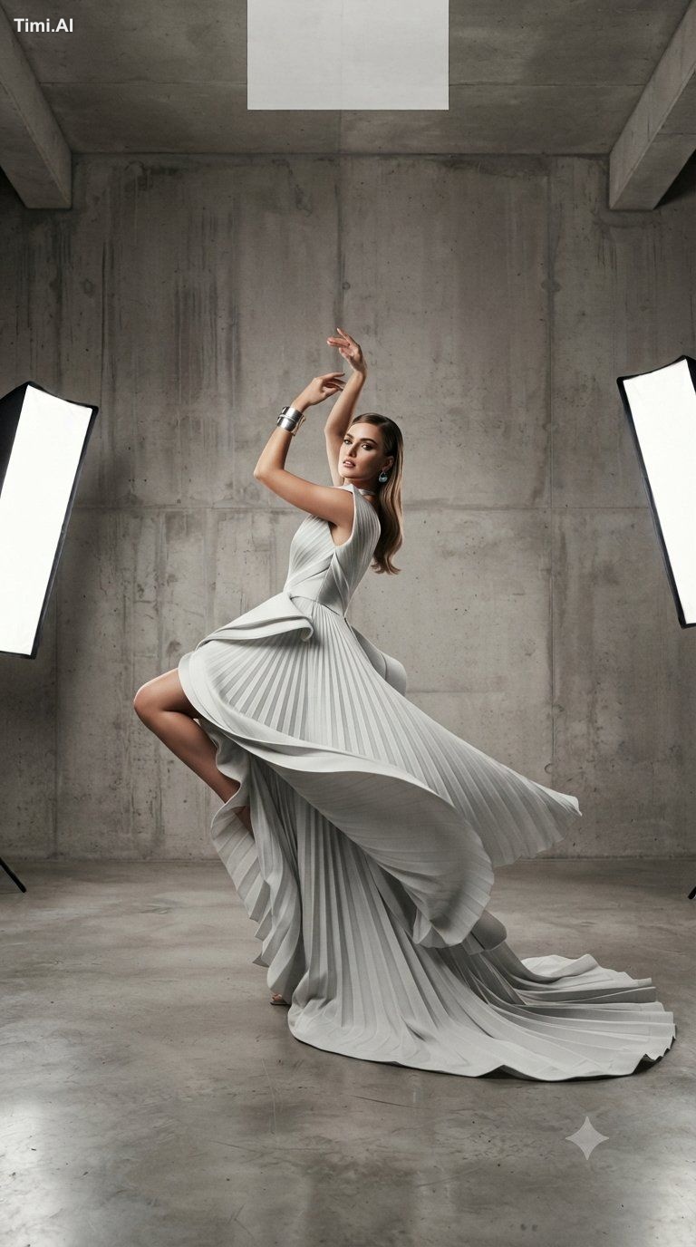 A professional studio fashion editorial featuring a model posing in a h…