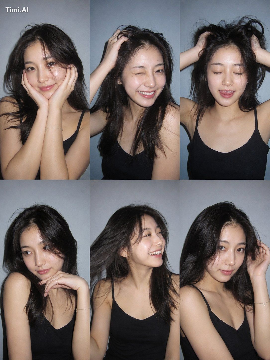 Ultra-realistic 6-photo collage (3×2 grid) of the same person using cli…