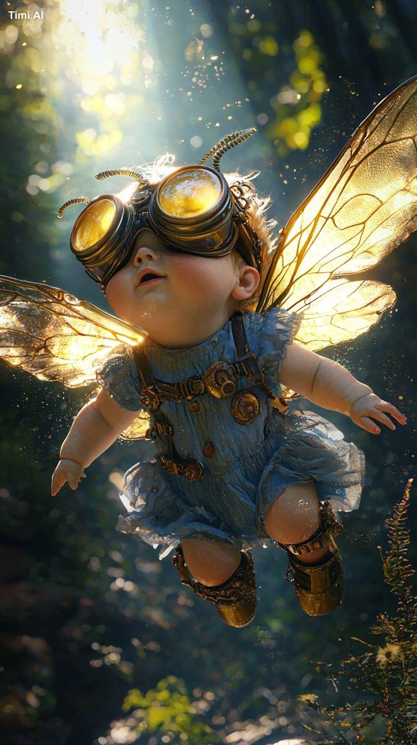 A cute chubby baby in a blue dress with yellow bee wings, transparent w…