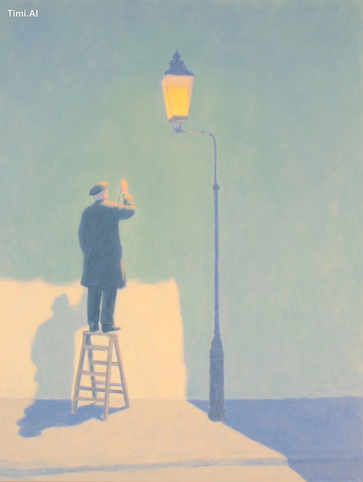 A lamplighter standing on a wooden stepladder, reaching up to ignite an…