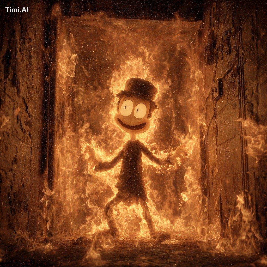 character on fire, burnt crisp, fleischer cartoon, vfx, gag
