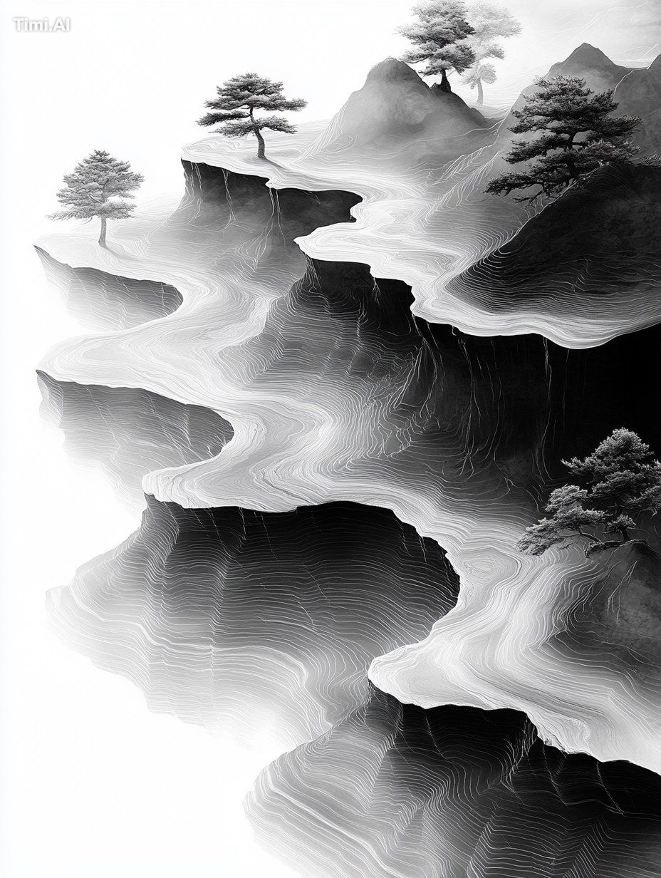 Flowing black ink collides with mineral reefs to form overlapping conto…