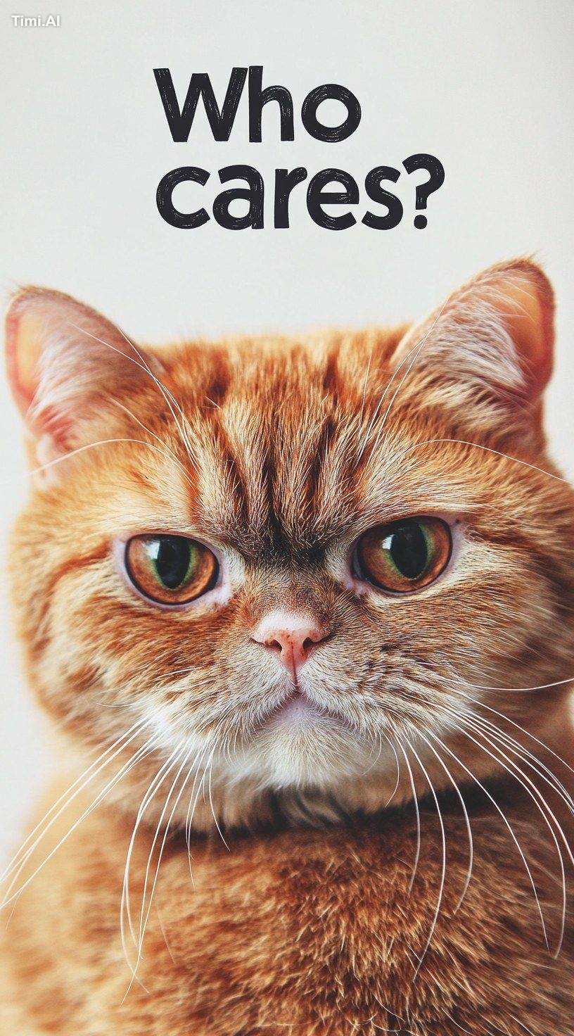 A photo of an orange cat with the text "Who cares?" written on it. The …