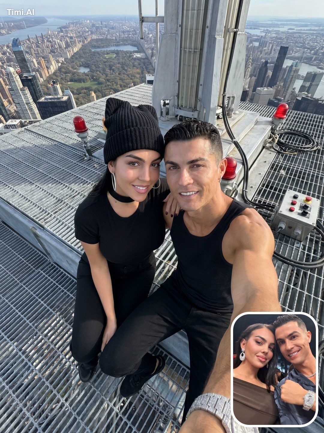 A hyper-realistic, ultra-detailed rooftop selfie on the top maintenance…