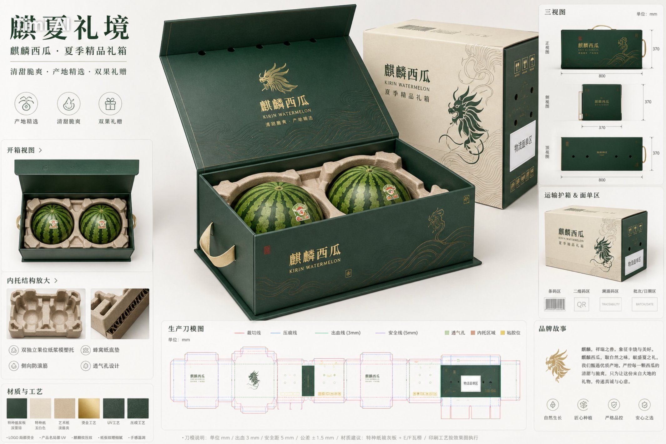 任务：为“麒麟西瓜”设计一张高端水果电商包装提案板，主题为“麒夏礼境”，面向城市中高端家庭送礼、企业团购、生鲜电商精品礼盒场景。输出应是一张专…