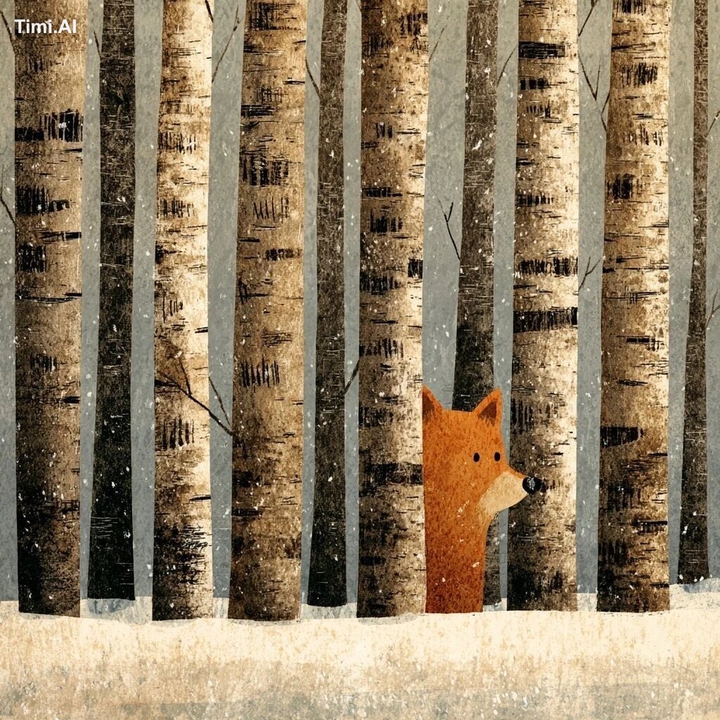 a cute fox peeks out from behind the birch trees in winter, a simple il…