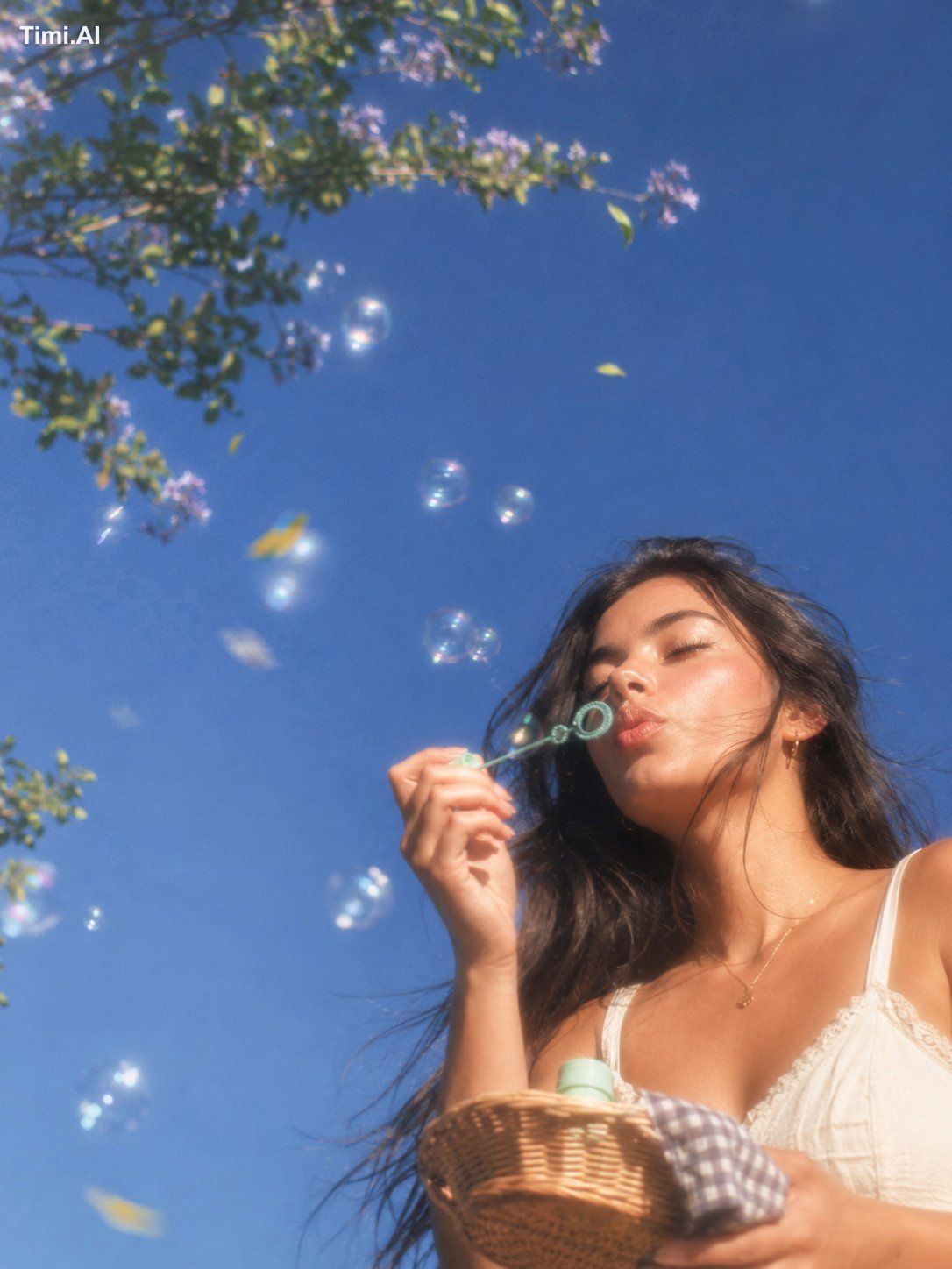 A dreamy, ultra-photorealistic springtime lifestyle portrait captured f…
