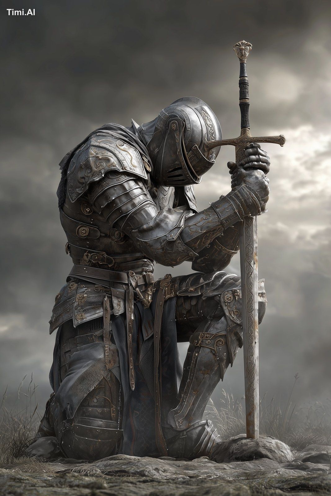 a knight in clean armour on his knees holding a very long sword in his …