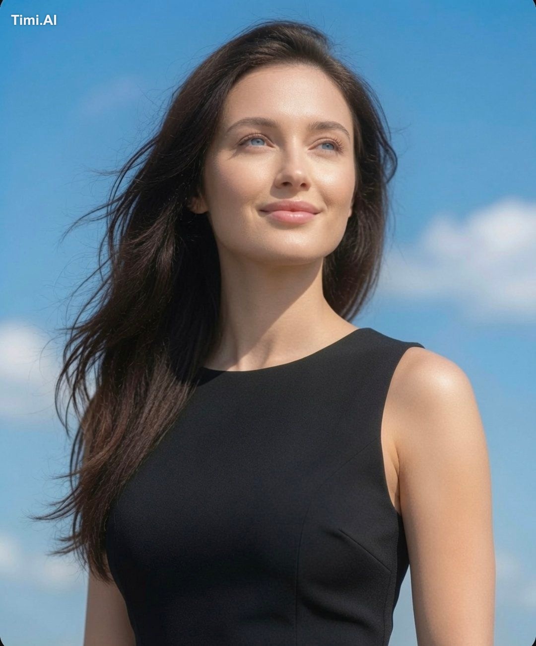 A portrait of a beautiful woman with long, flowing dark hair and striki…