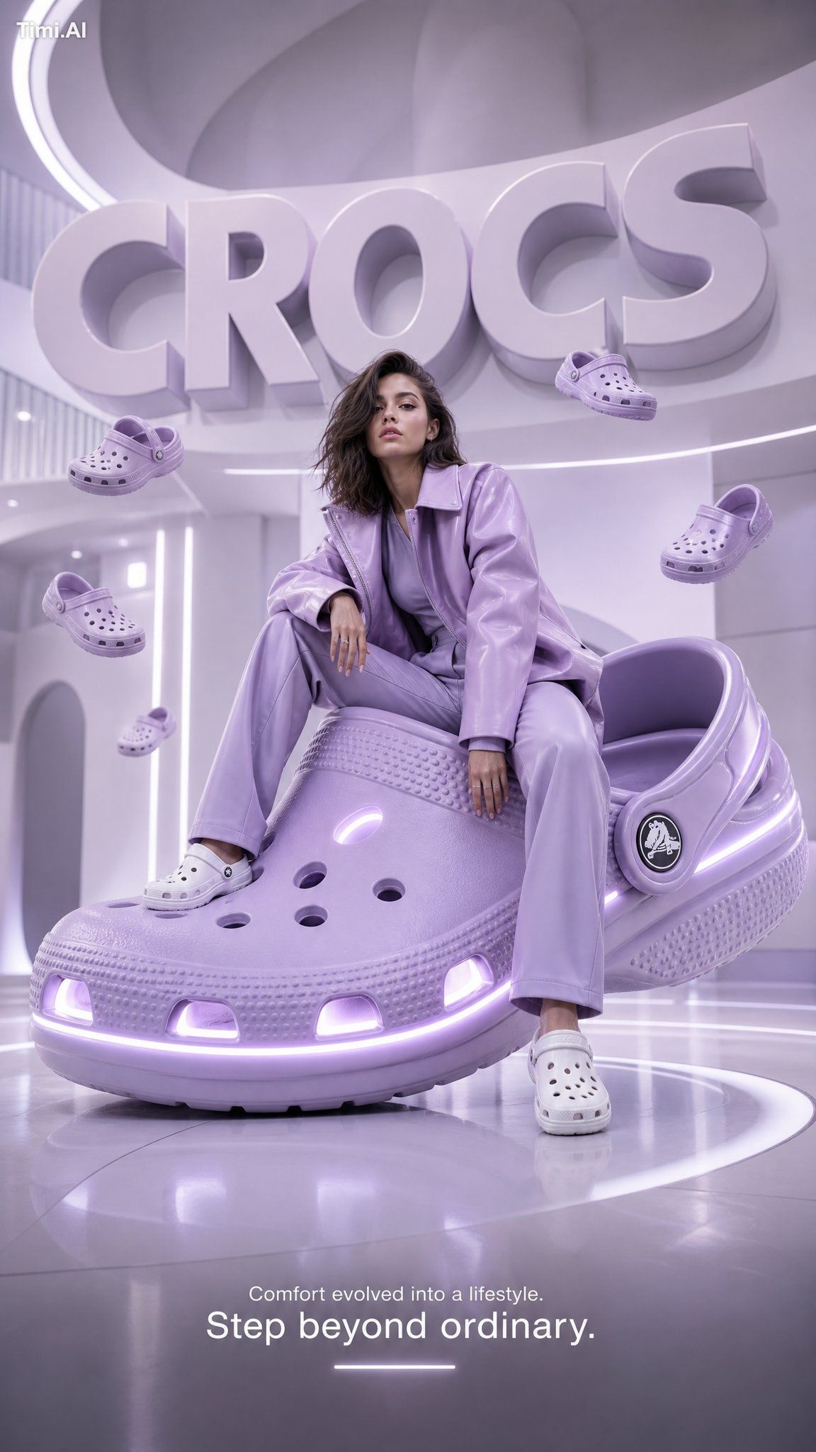 A futuristic high-fashion advertising poster for Crocs, blending luxury…