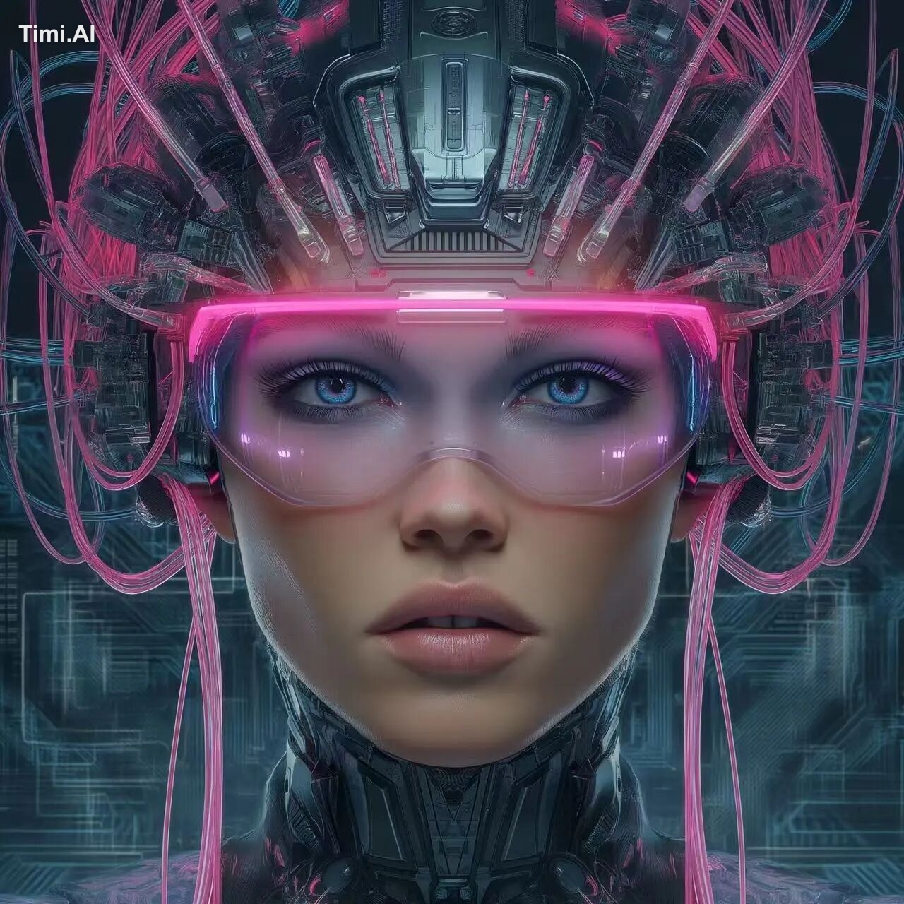 beautiful cyberpunk goddess, centered portrait, pale luminous skin, sle…
