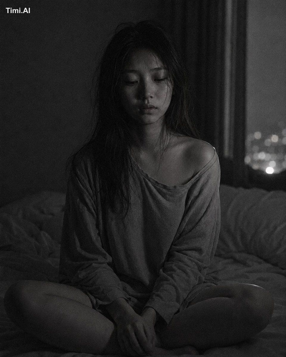 Medium close-up portrait, 85mm f/1.4, a young East Asian woman in her e…