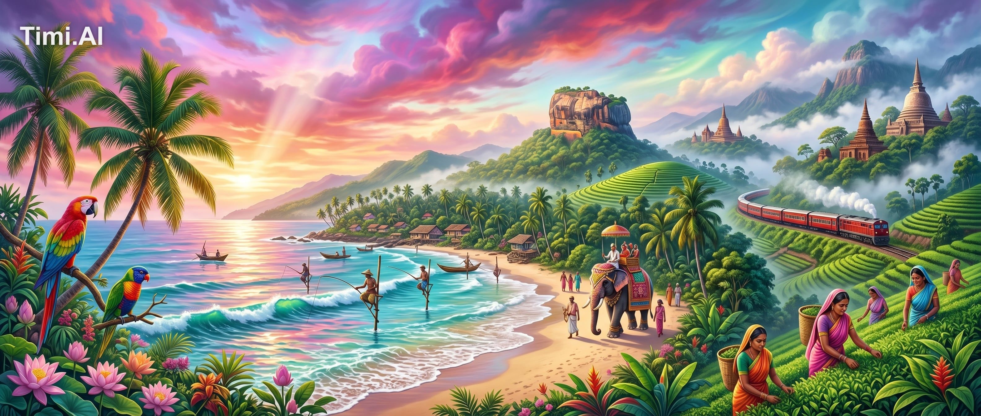 斯里兰卡主题高端旅游主视觉插画，主题“Lanka 巡友冀”，21:9超宽横版构图，梦幻热带岛屿风格，融合现代数字插画与复古热带海报美学。整体色…