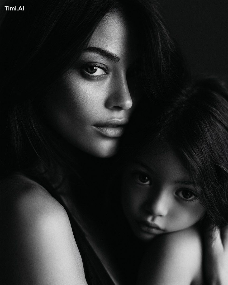 Fine art editorial photography, symbolic motherhood, brunette mother ho…