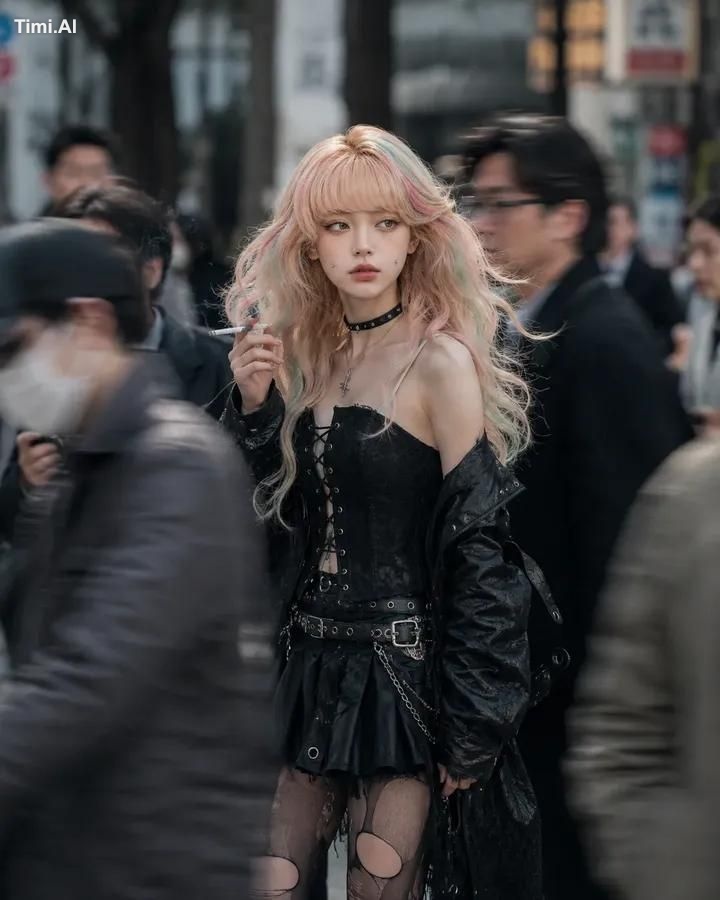 Ultra-realistic cinematic street portrait of a stylish young woman walk…