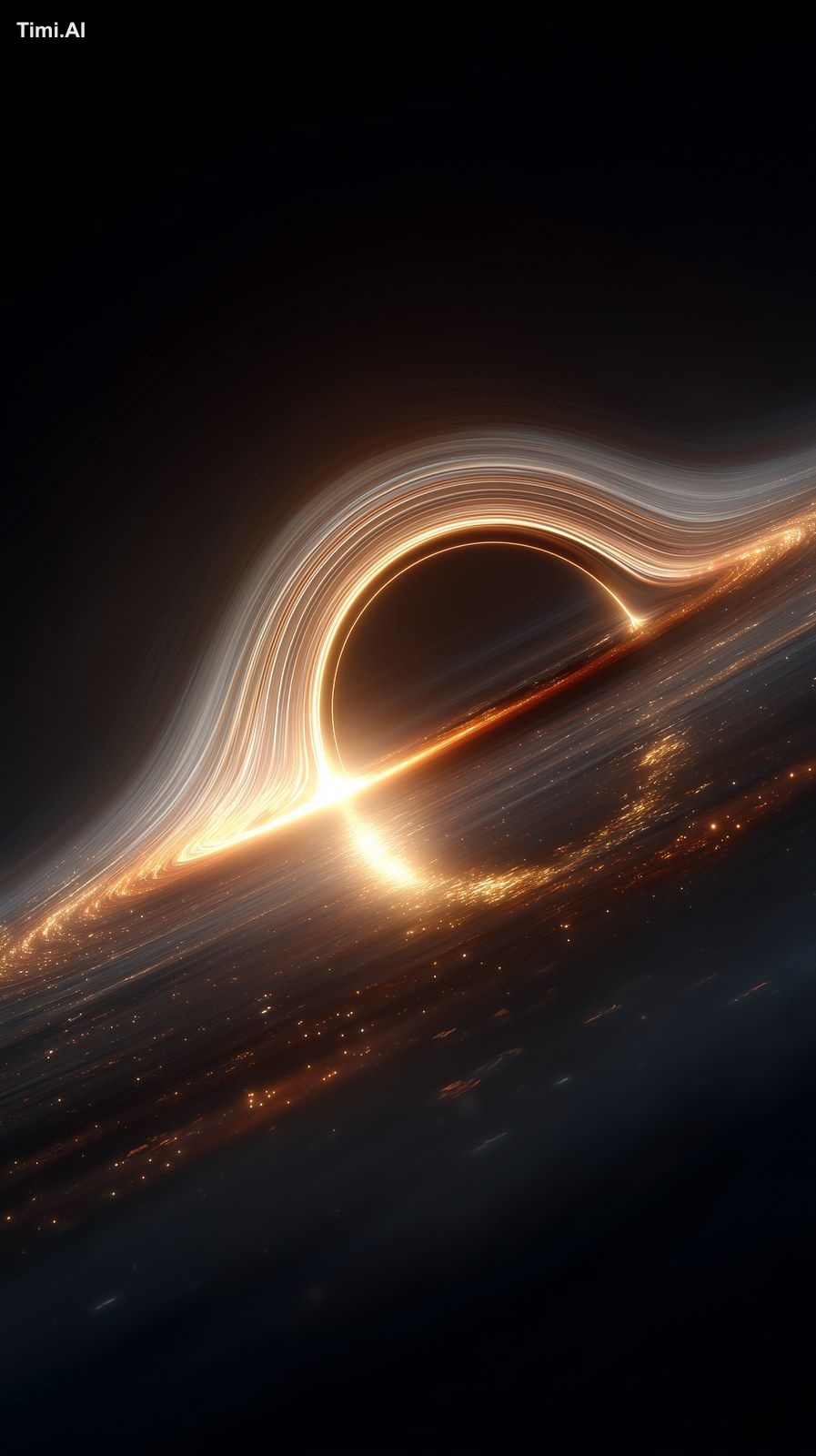 Ultra-realistic vertical image of a black hole with glowing white-orang…