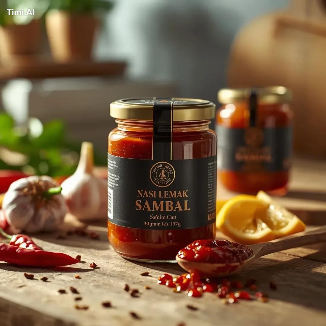 Ultra-realistic lifestyle food product photography of a sambal jar (Nas… 2