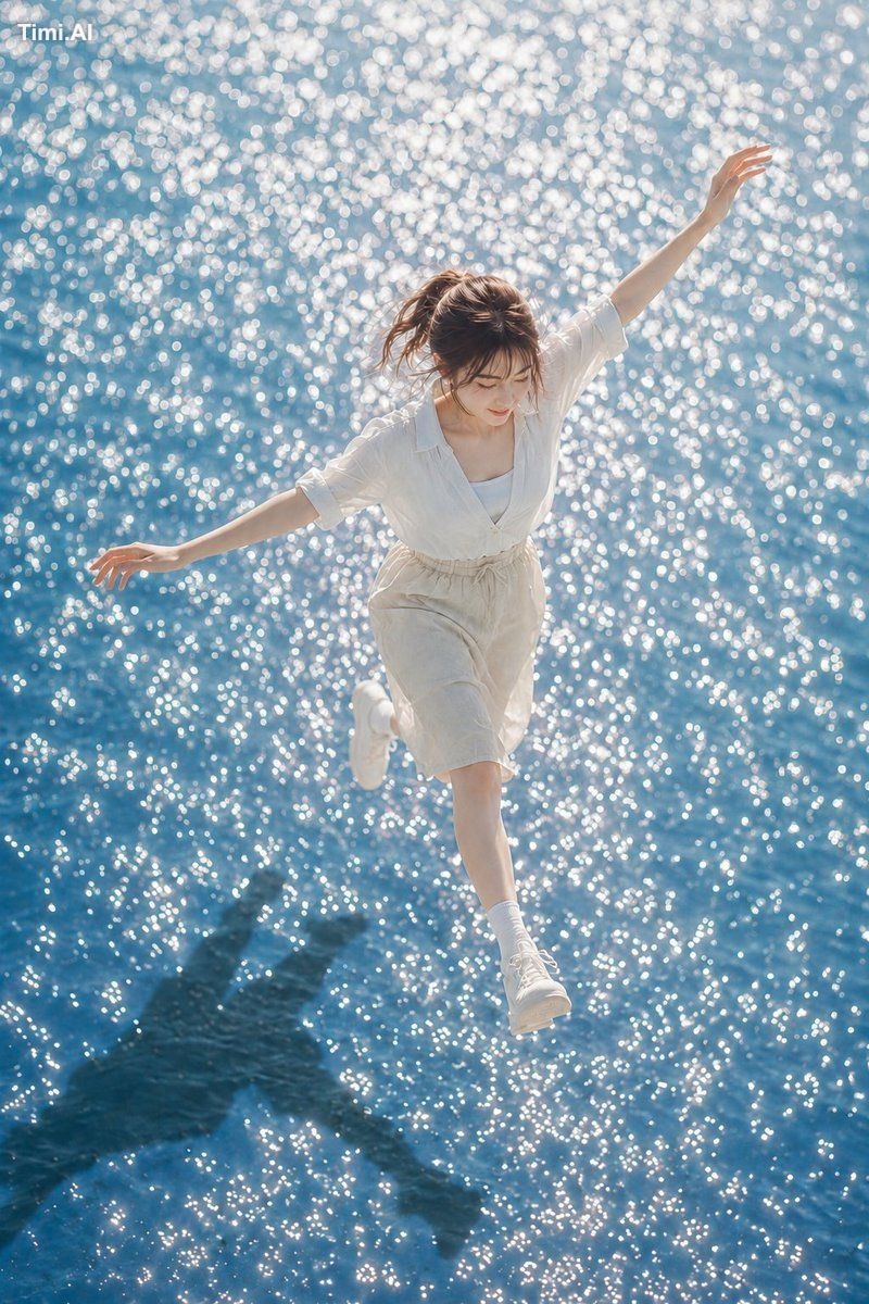 縦長3:4の写真。きらめく青い水面の上を、ひとりの女性が軽く跳ねるように歩いている瞬間。人物は画面中央やや右寄りに全身で入り、上半身から足先ま…